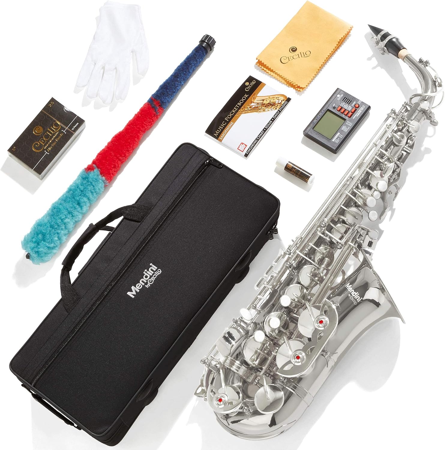 Mendini By Cecilio Eb Alto Saxophone - Case, Tuner, Mouthpiece, 10 Reeds, Pocketbook- Nickel E Flat Musical Instruments