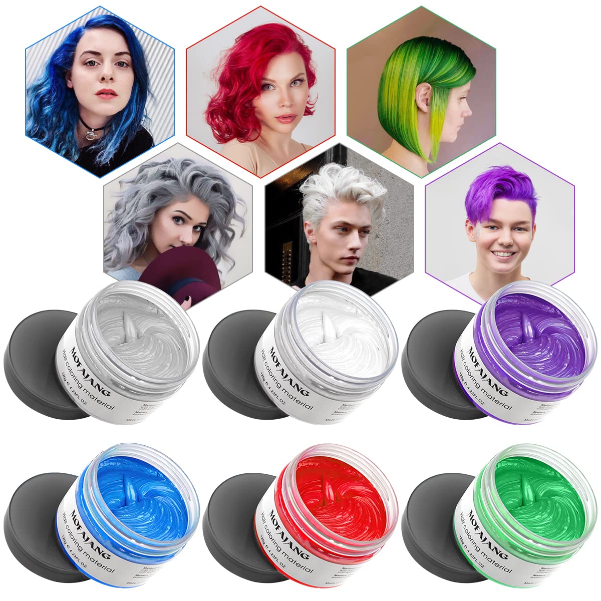 Temporary Hair Color Wax, Hair Paint Wax 4.23oz, Natural Disposable Fashion Hair Styling Clays Ash for DIY, Party, Halloween, Christmas (6 Colors)