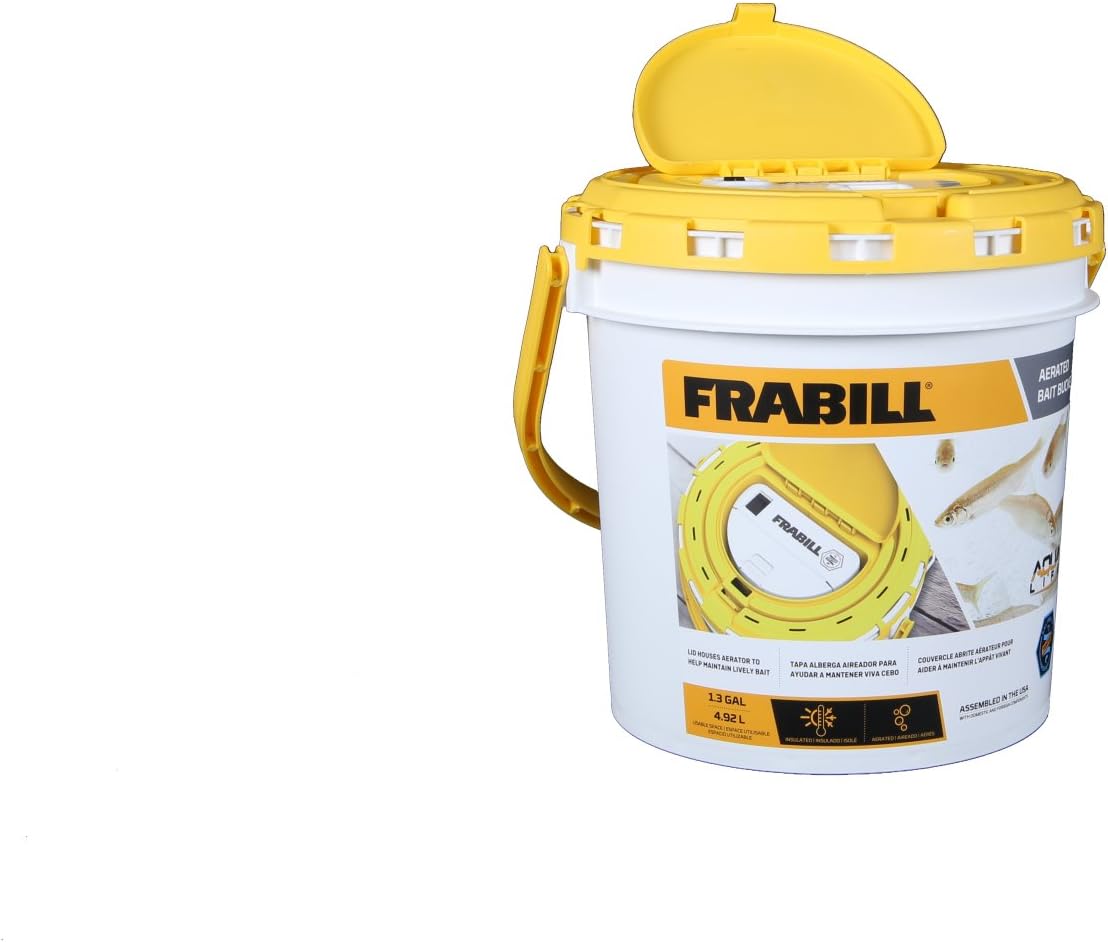 Frabill 4825 Insulated Bait Bucket with Built in Aerator, White and Yellow, 1.3 Gallons