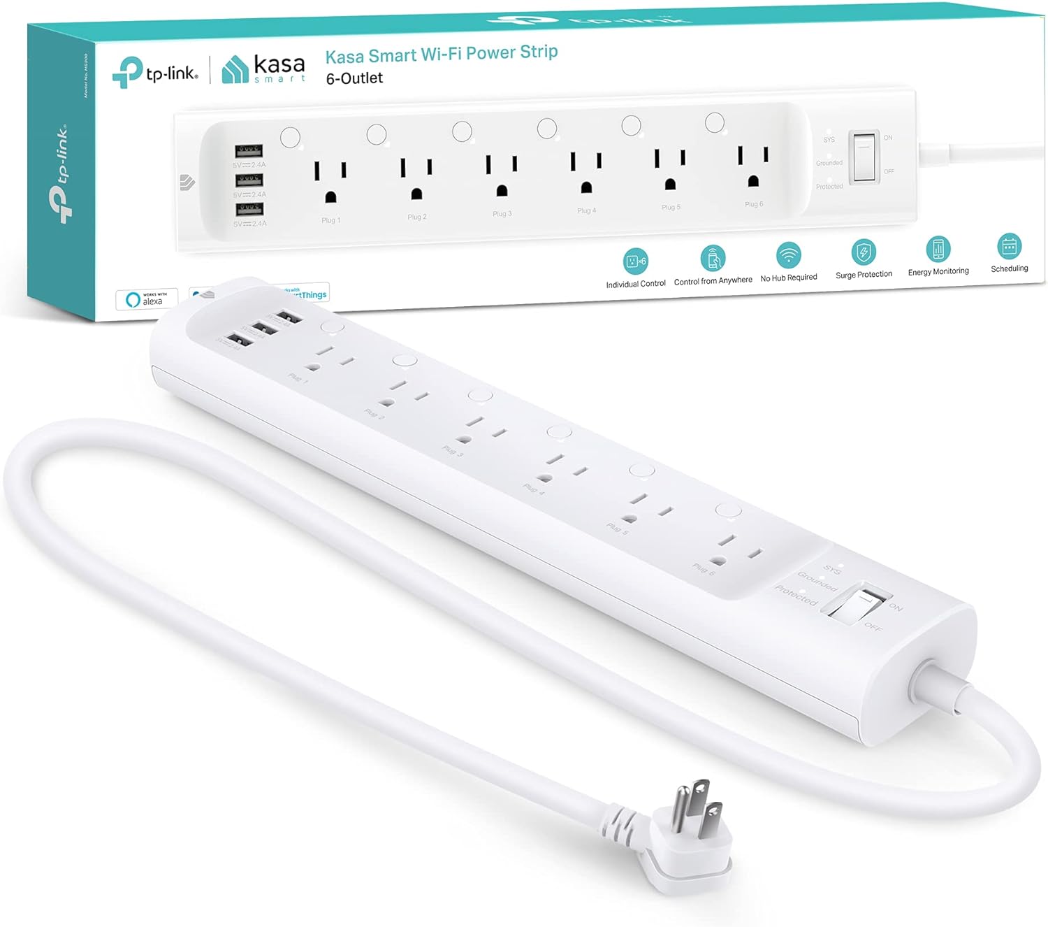 Kasa Smart Plug Power Strip HS300, Surge Protector with 6 Individually Controlled Smart Outlets and 3 USB Ports, Works with Alexa & Google Home, No Hub Required , White