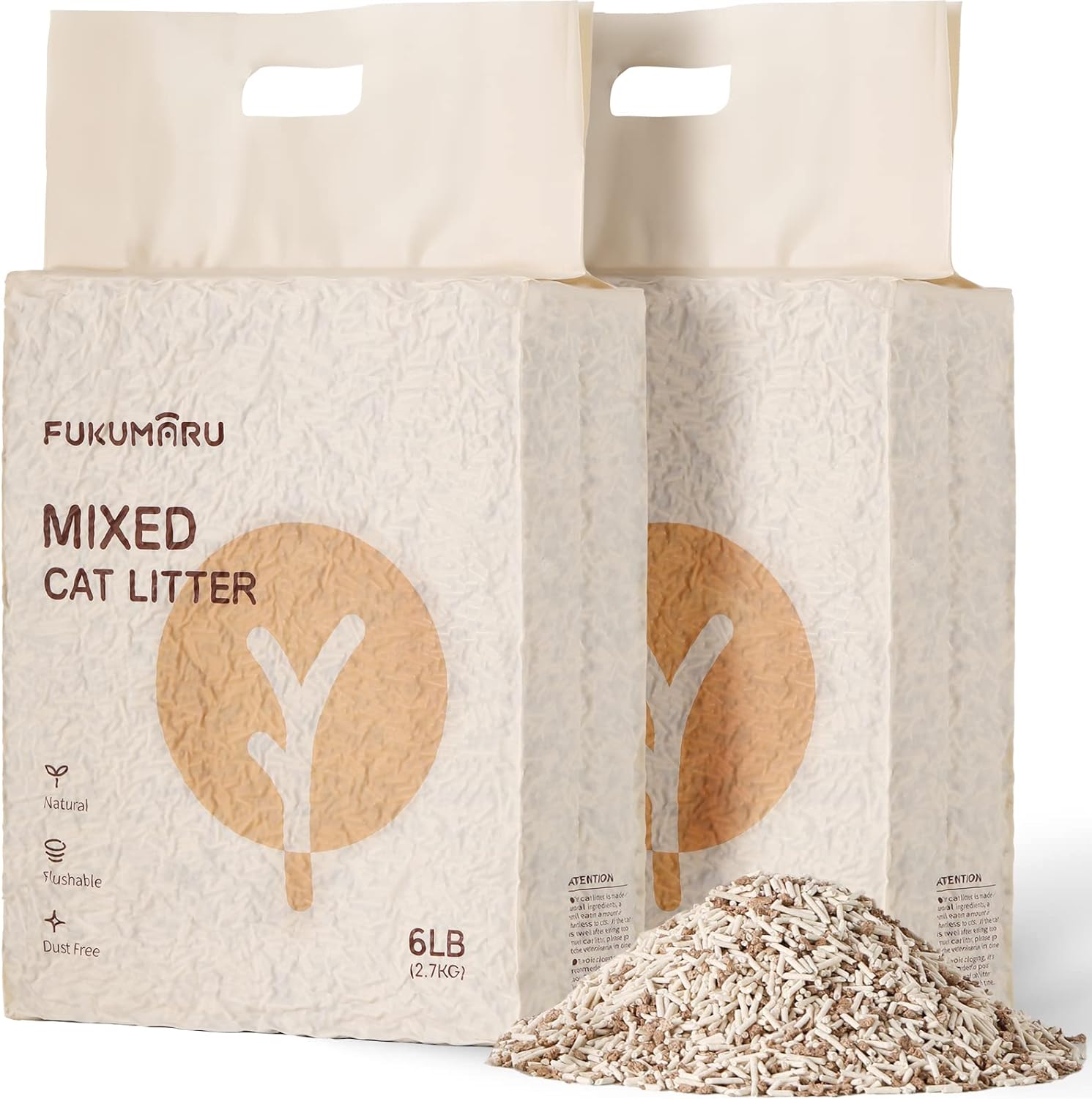 FUKUMARU Tofu Cat Litter, 12 LBS Clumping Cat Litter, Dust Free Unscented Flushable Tofu Litter, Natural, Lightweight and Low Tracking Cat Litter Pellets Mixed Apple Wood, 24/7 Odor Control