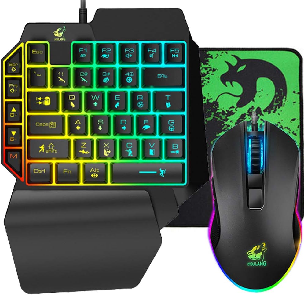 FELICON One Handed Gaming Keyboard and Mouse Combo, Rainbow Backlit 39 Keys Portable Small Mechanical Feel Keyboard with Wrist Rest Support, RGB Backlight 6 Buttons Adjustable Mice for PC Gamer