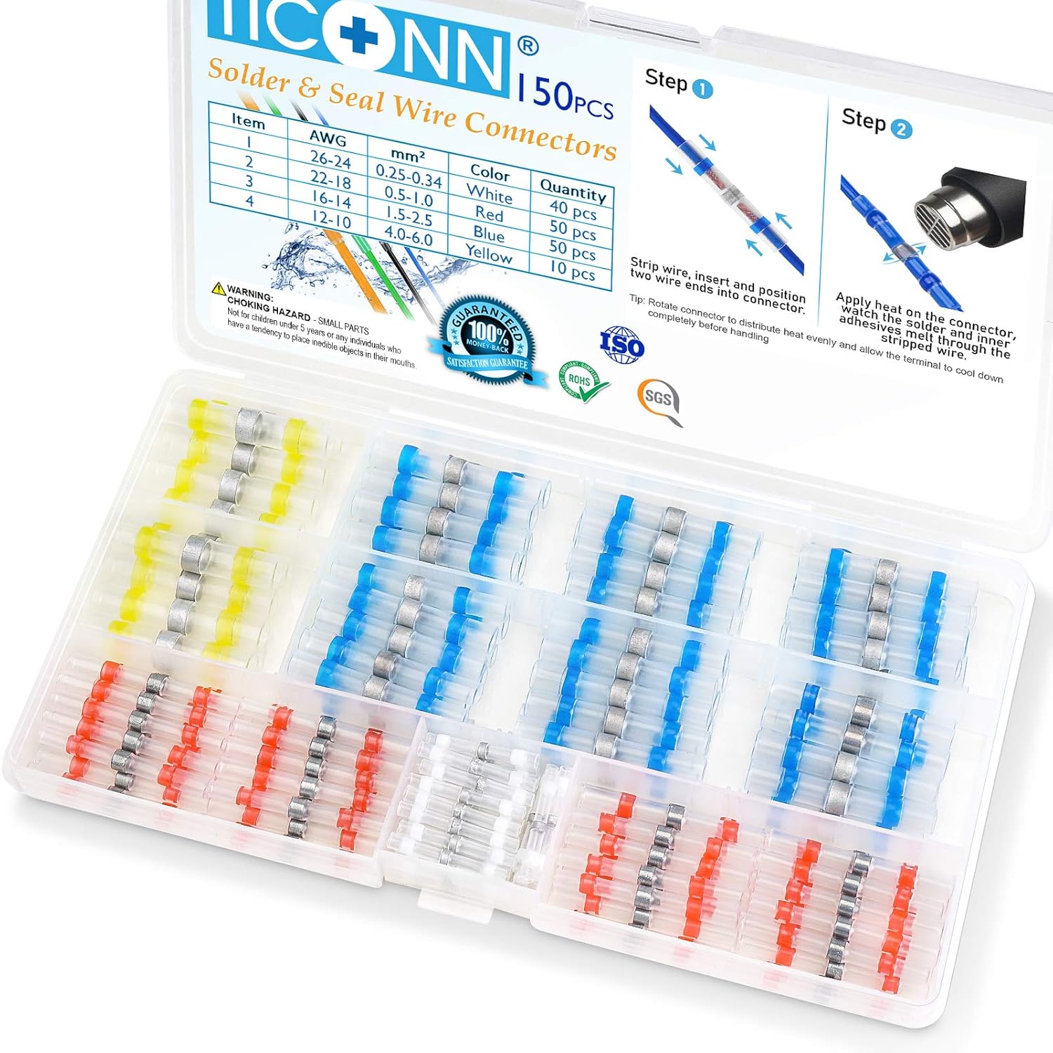 TICONN 150 PCS Solder Seal Wire Connectors, Heat Shrink Butt Connectors, Waterproof and Insulated Electrical Wire Terminals, Butt Splice (150PCS)