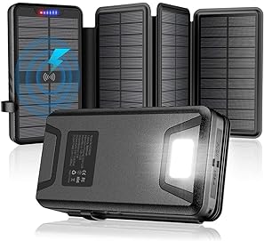Solar Charger 38800mAh Solar Power Bank with Dual 5V3.1A Outputs 10W Qi Wireless Charger Waterproof Built-in Solar Panel and Bright Flashlights