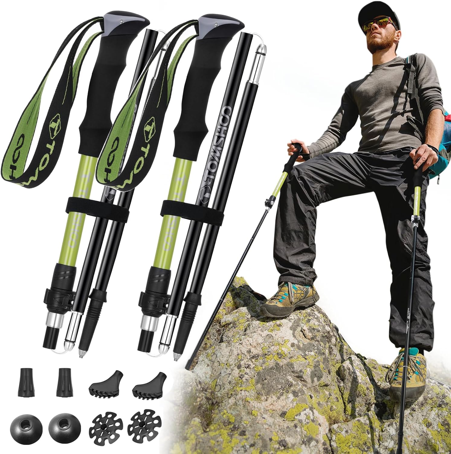 TOMSHOO 2pc Hiking Poles Trekking Poles Collapsible, Ultralight Folding Hiking Stick with Quick Lock System Walking Sticks for Women Men Balance with Extra-Long Foam Handle and Flip Lock