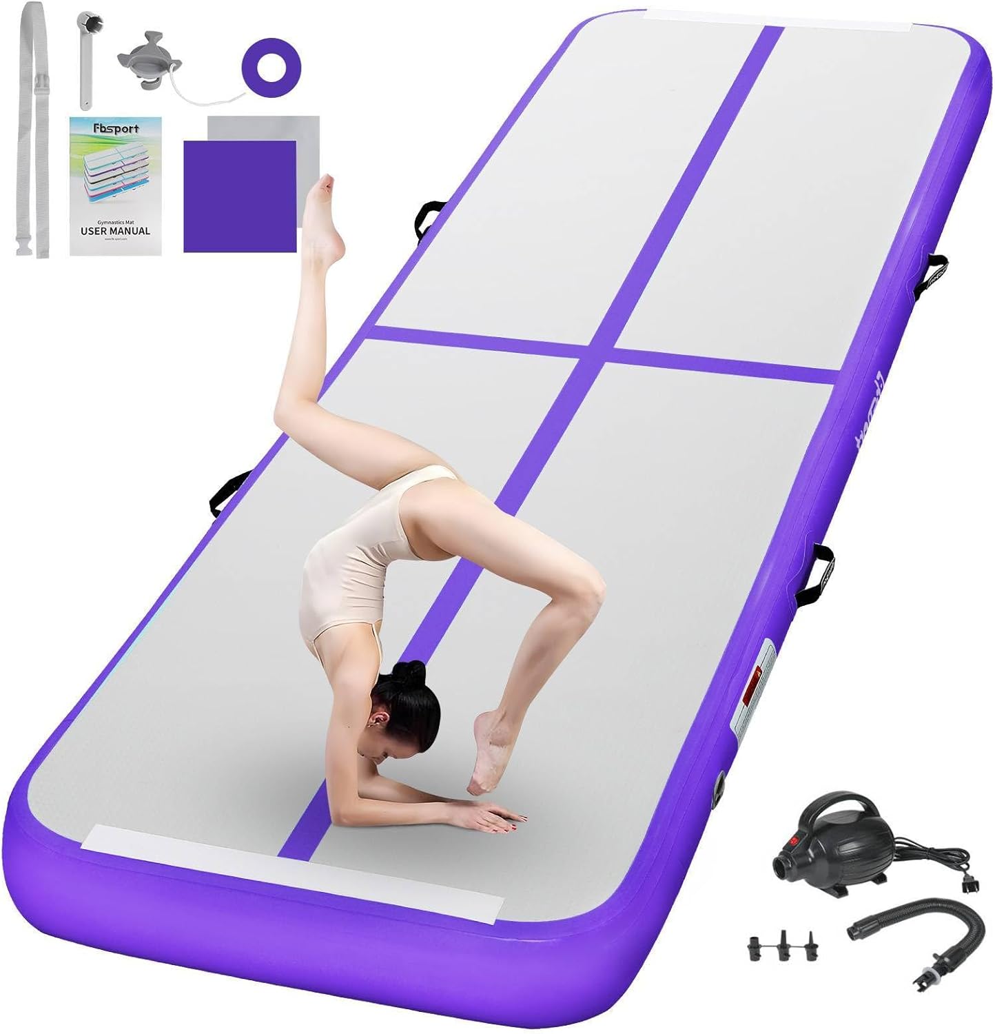 FBSPORT Inflatable Air Gymnastics Mat Training Mats 4/8 inches Thickness Gymnastics Tracks for Home Use/Training/Cheerleading/Yoga/Water with Pump