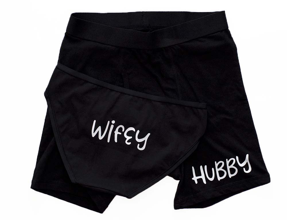 Hubby Wifey Couples Underwear Matching Set, His and Hers Gift for Husband from Wife, Boxer Briefs and Bikini