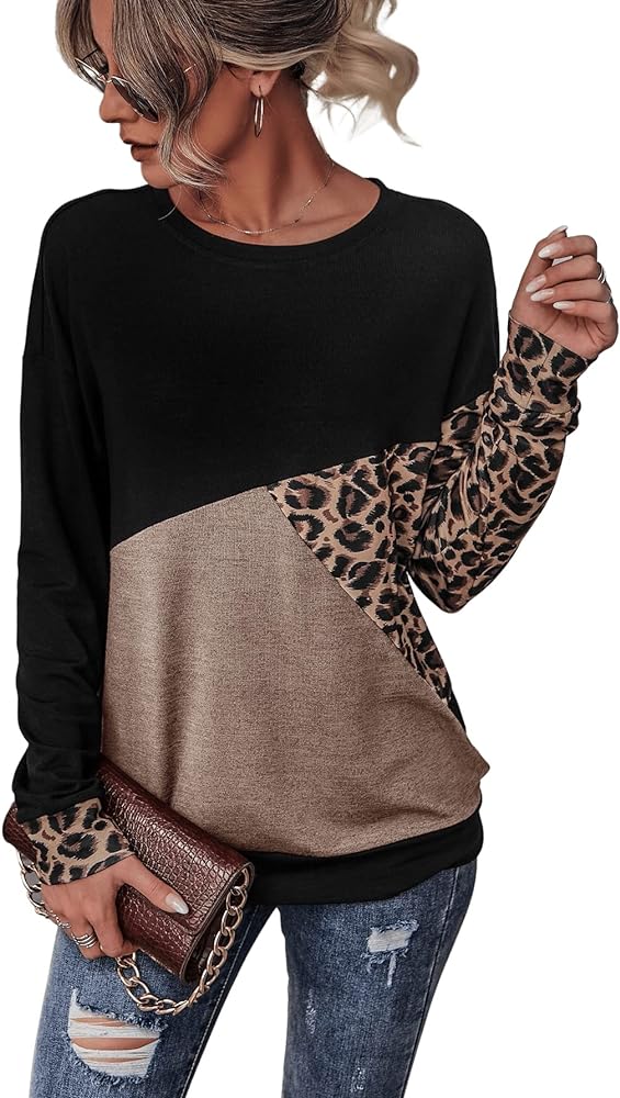 SOLY HUX Women's Casual Long Sleeve Color Block Leopard Print T Shirts