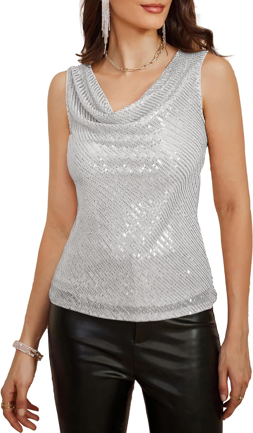 GRACE KARIN Women' Sleeveless Cowl Neck Sequin Tank Tops Sparkly Club Party Shirts Drape Neck Glitter Cocktail Blouses