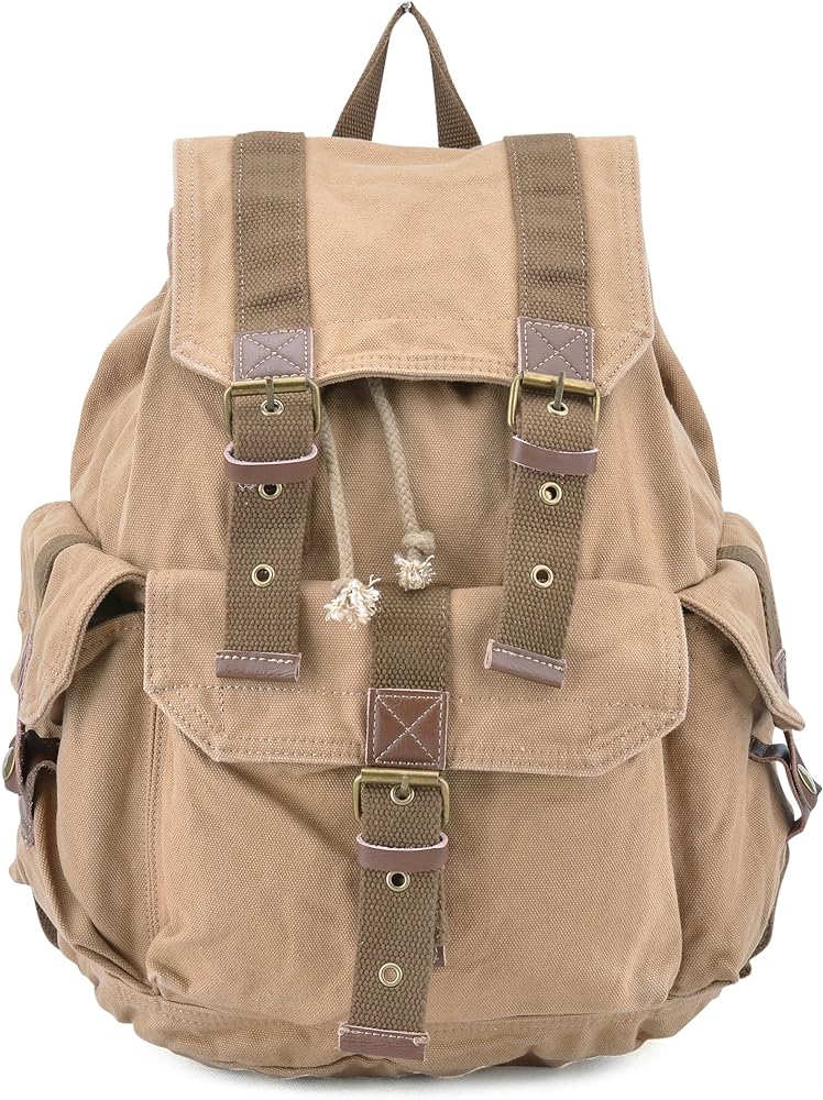 This pack is a good size and if anything, I wish it was a bit smaller as I attend to use it for town use. It can hold a medium size book, jacket, personal items  and more and,  its got side pockets for water bottles if needed.Its good quality, heavy canvas with leather trim and snaps that are easy to use. its somewhat weighty but certainly not bad at all.  I debated about getting this bag because a lot of the reviews said that the bag was floppy but, I intend to fix that by getting a backpack organizer that should help with that.Anyway, I love the look and color of this pack best of all it isnt flashy.