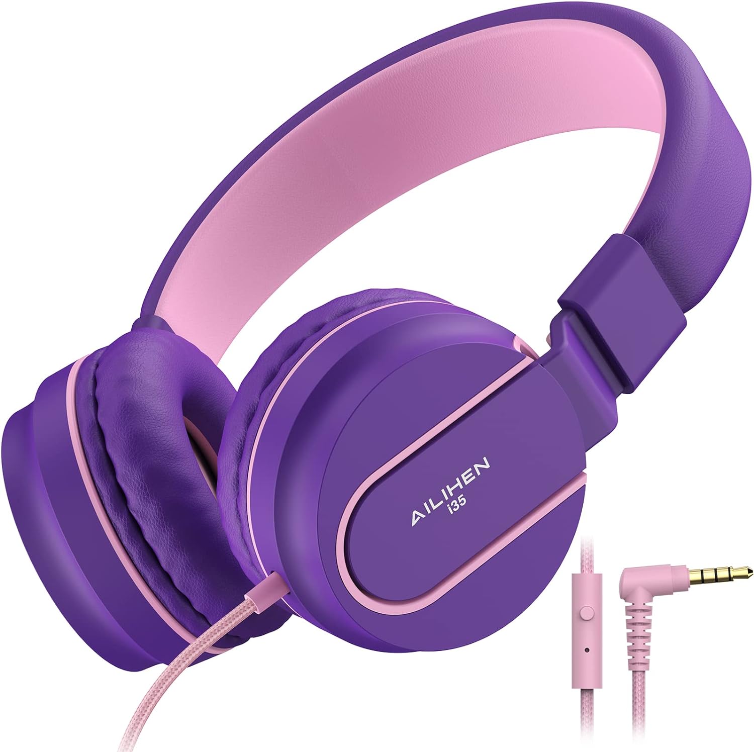 Kids Headphones, AILIHEN I35 On-Ear Headphones for School, Safe Volume 93dB, HD Mic Stereo Headphone for Kid Girls Children, Foldable Wired 3.5mm for Chromebook, Laptop, Computer, Tablet (Pink Purple)