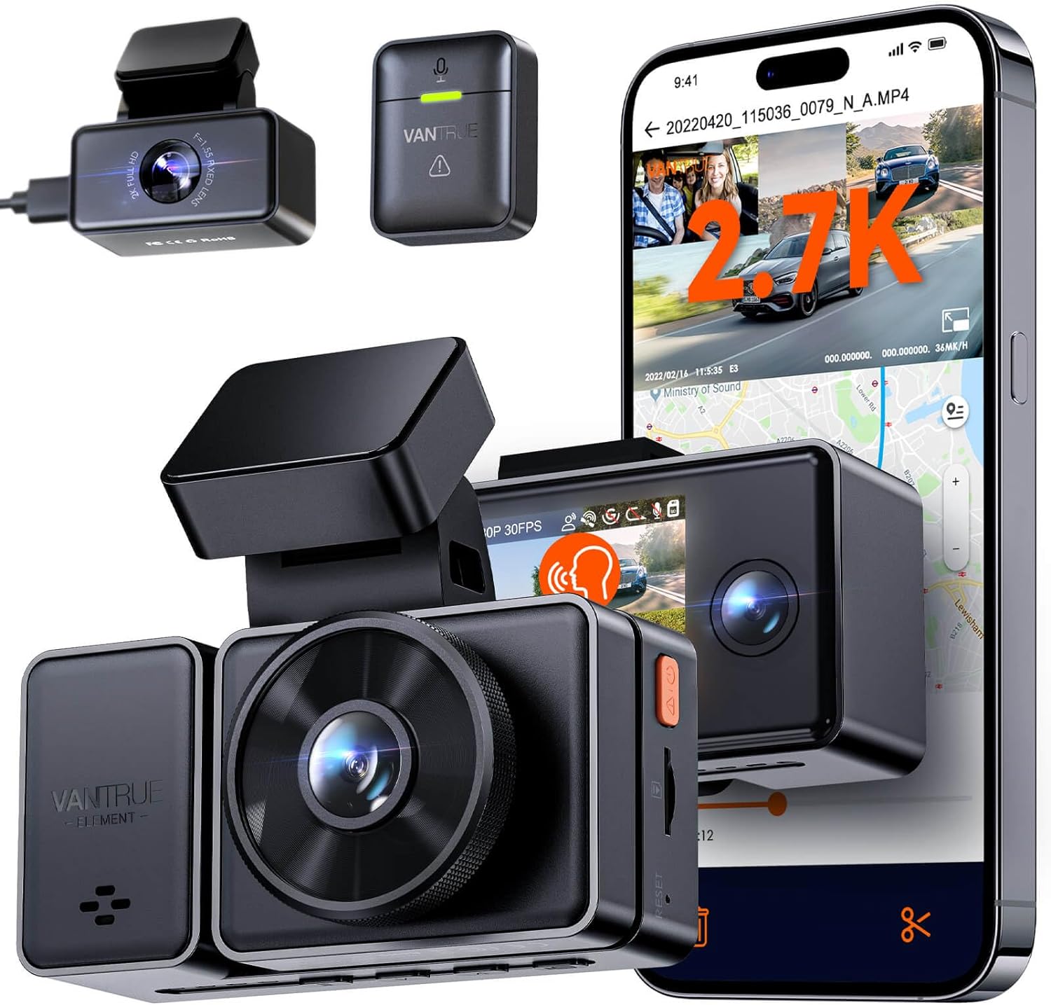 Vantrue E3 3 Channel 2.7K WiFi Front and Rear Inside Dash Cam, 3 Way Triple GPS Dash Camera 1944P+1080P+1080P with STARVIS IR Night Vision, Voice Control, 24 Hours Parking Mode, Support 512GB Max