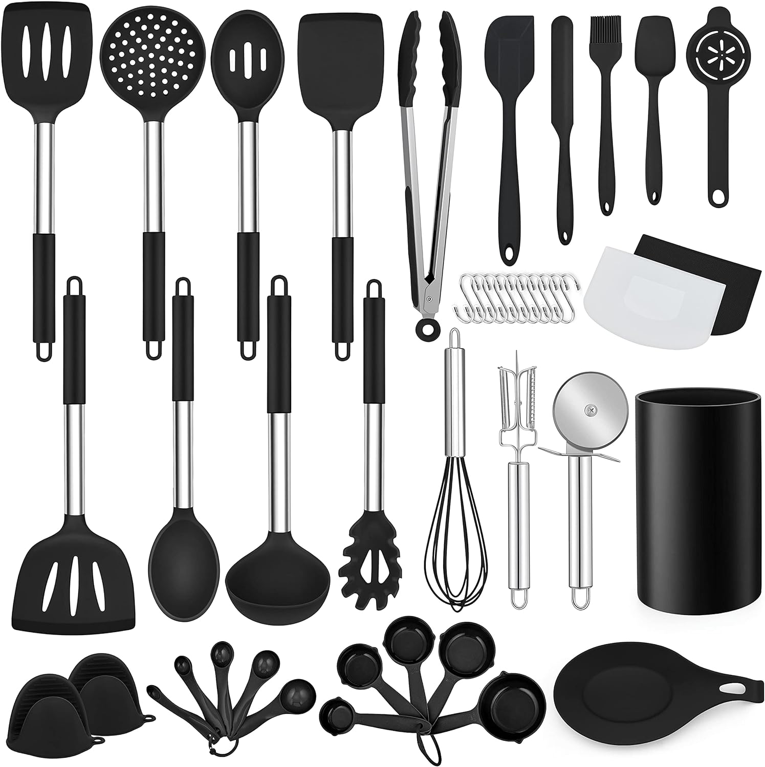 LIANYU 43 Pcs Kitchen Cooking Utensils Set, Silicone Cooking Utensils Spatula Set with Holder, Heat Resistant Kitchen Gadgets Tools for Nonstick Cookware Set, Stainless Steel Handle, Black