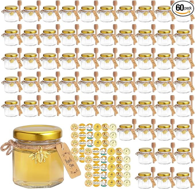 I used these for a baby shower. They worked great. The jars are quality (I even dropped a couple and they didn't break). I didn't use the stickers it came with and it doesn't come with anything to pour the honey (I used a new medicine syringe).
