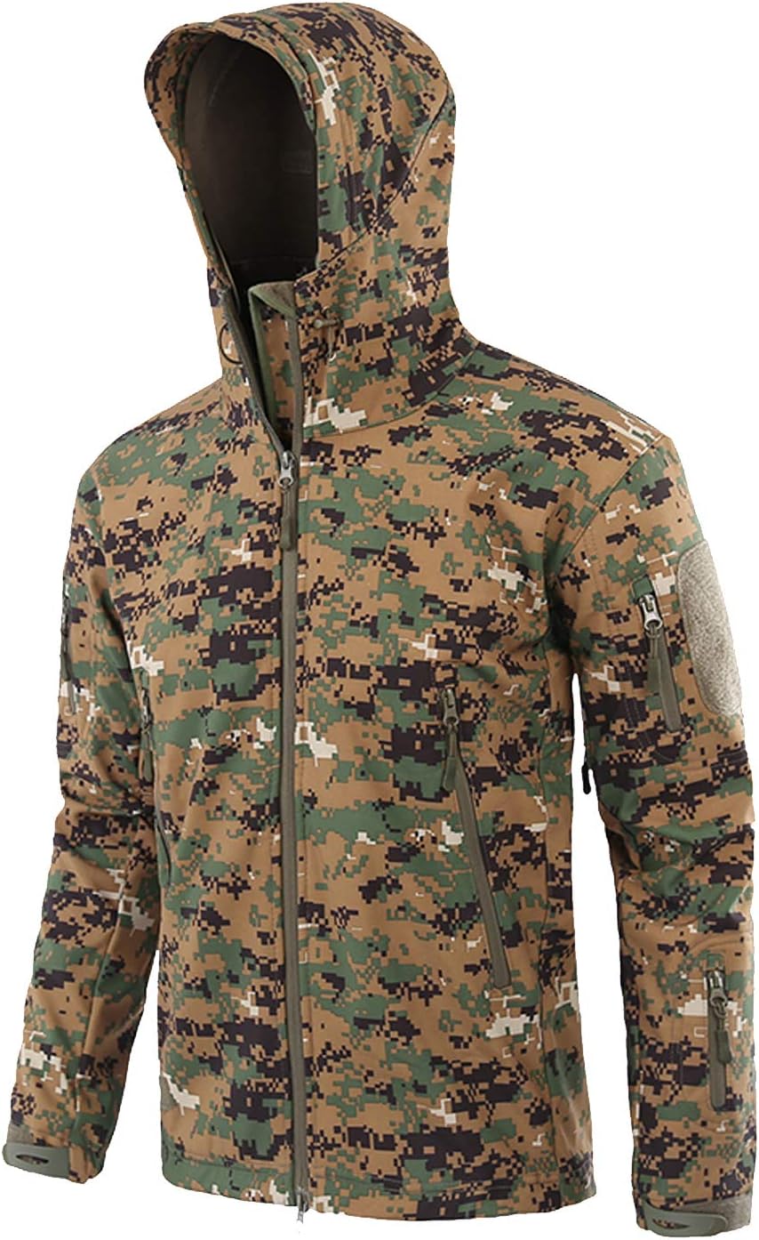 Flygo Men' Men' Tactical Camouflage Hooded Outdoor Fleece Coat Softshell Jacket (Jungle digital camo, Large)