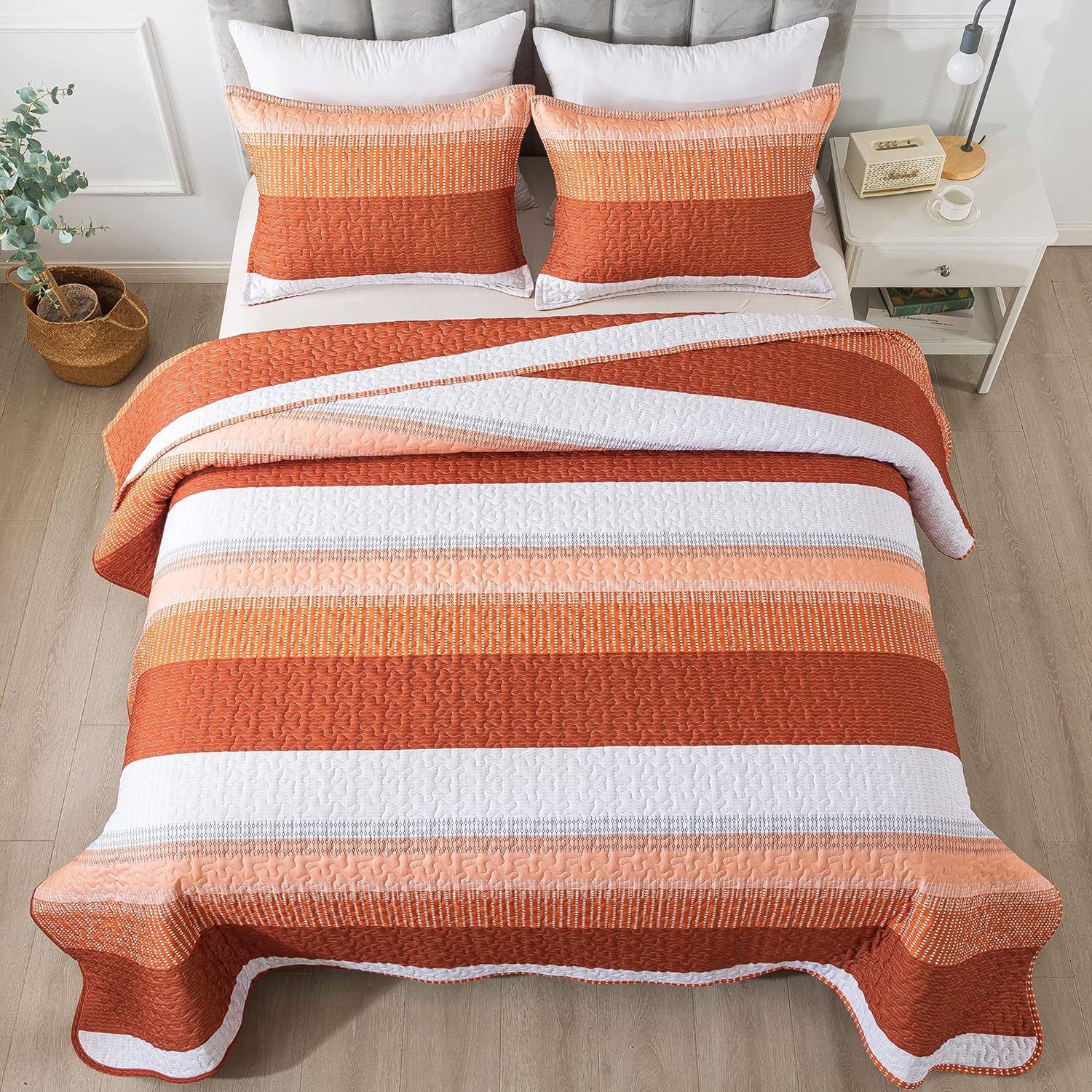 Andency Orange Quilt King(106x96Inch), 3 Pieces (1 Striped Quilt and 2 Pillowcases) Patchwork Striped Bedspread Coverlet Set, Soft Microfiber Lightweight All Season Quilted Bedding Set