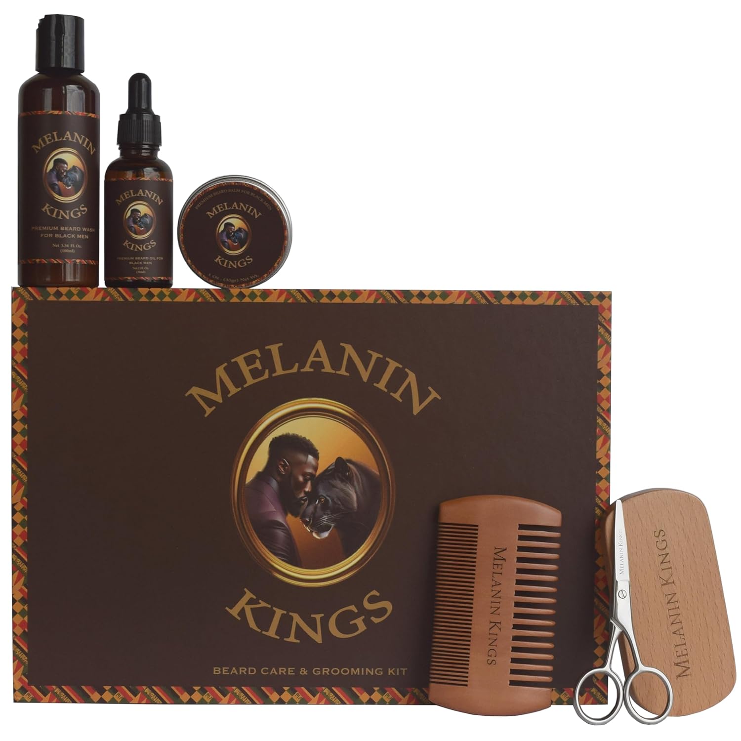 Beard Oil Kit for Black Men - Specific Formulas for Black Men - Ancient African Natural Ingredients | Beard Wash | Beard Oil | Beard Balm | Beard Brush | Beard Comb | Trimming Scissors |