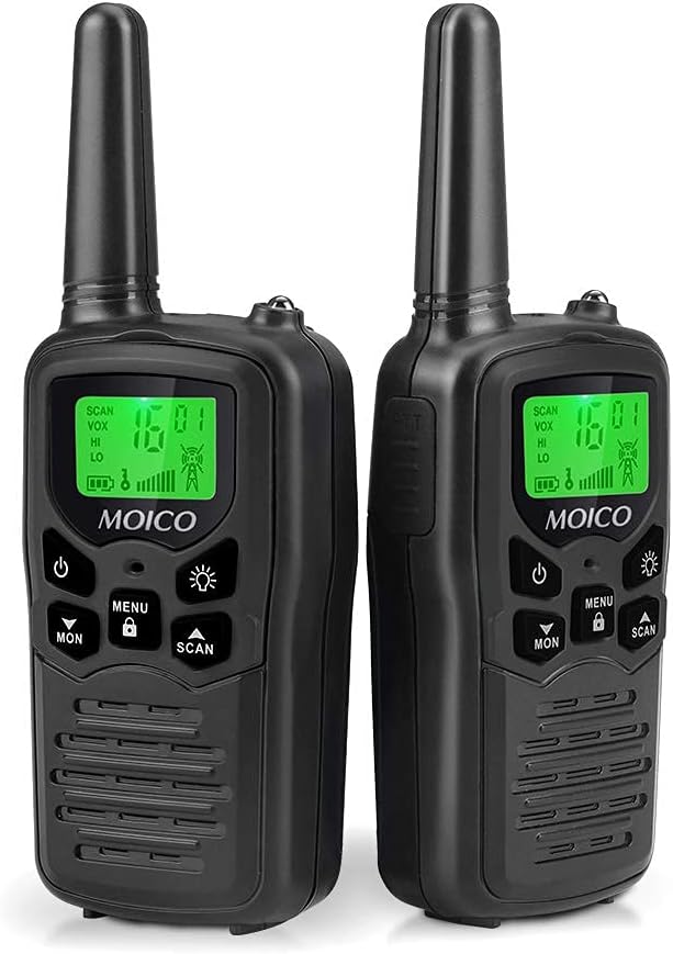 Walkie Talkies, MOICO Long Range Walkie Talkies for Adults with 22 FRS Channels,Family Walkie Talkie with LED Flashlight VOX LCD Display for Hiking Camping Trip (Black 2 Pack)