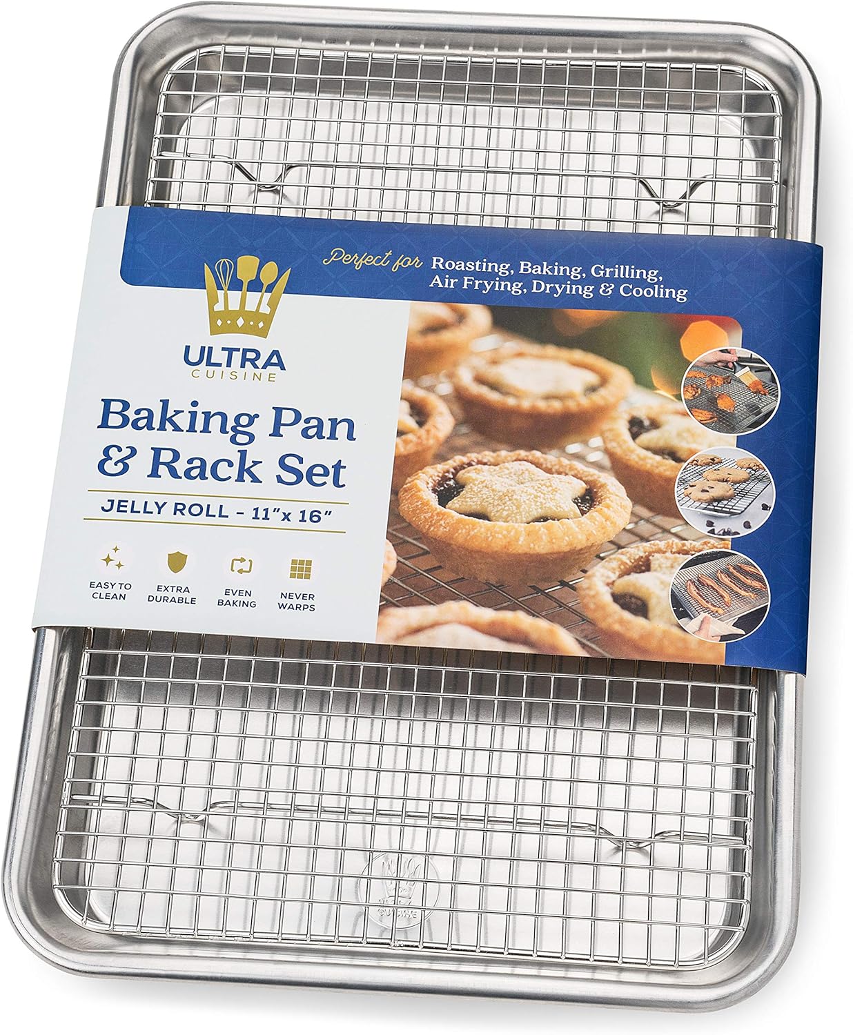 Ultra Cuisine Baking Sheet And Cooling Rack Set - Jelly Roll Baking Pan - Durable Professional Aluminum Design - Easy To Clean - No Spills - Improved Wall Height - Never Warps - Steel Reinforced Rim