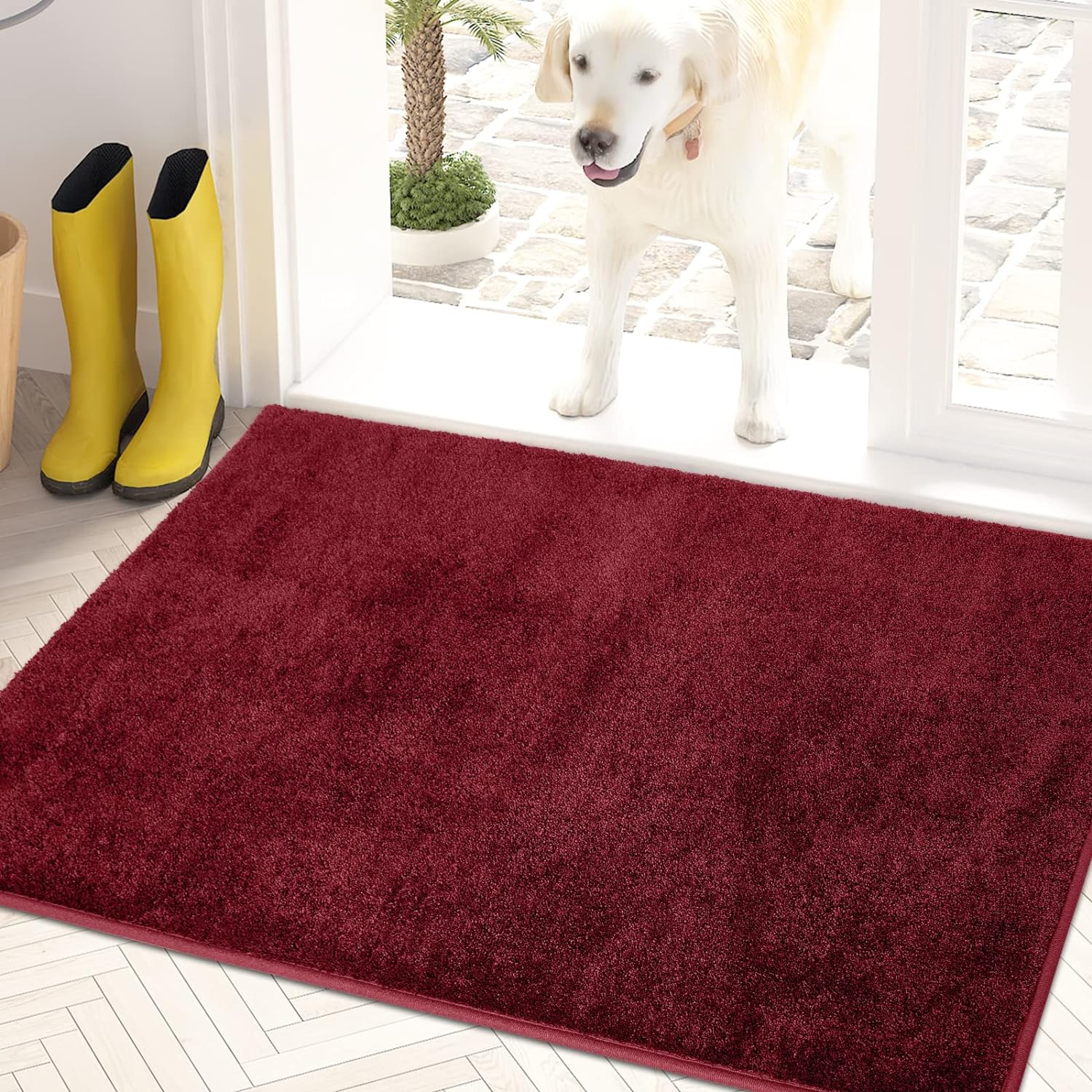 PURRUGS Dirt Trapper Door Mat 24" x 35.5", Non-Slip Machine Washable Entry Rug, Shoe Scraper, Dog Door Mat, Super Absorbent Welcome Mat for Front & Back Door, Muddy Shoes & Paws, Burgundy Red