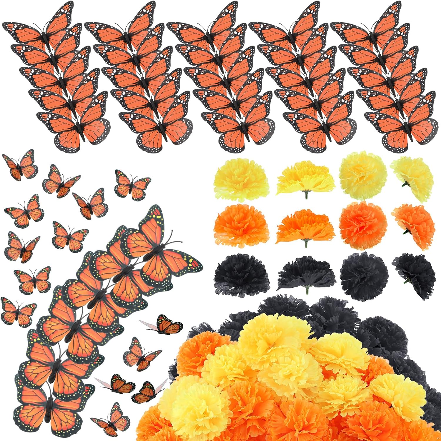 80 Pcs Artificial Marigold Flowers Monarch Butterfly Decorations Kit Dia De Los Muertos Decor Day of The Dead Decorations Include 20 Fake Butterflies for Crafts 60 Marigold Flowers for Diwali Mexican