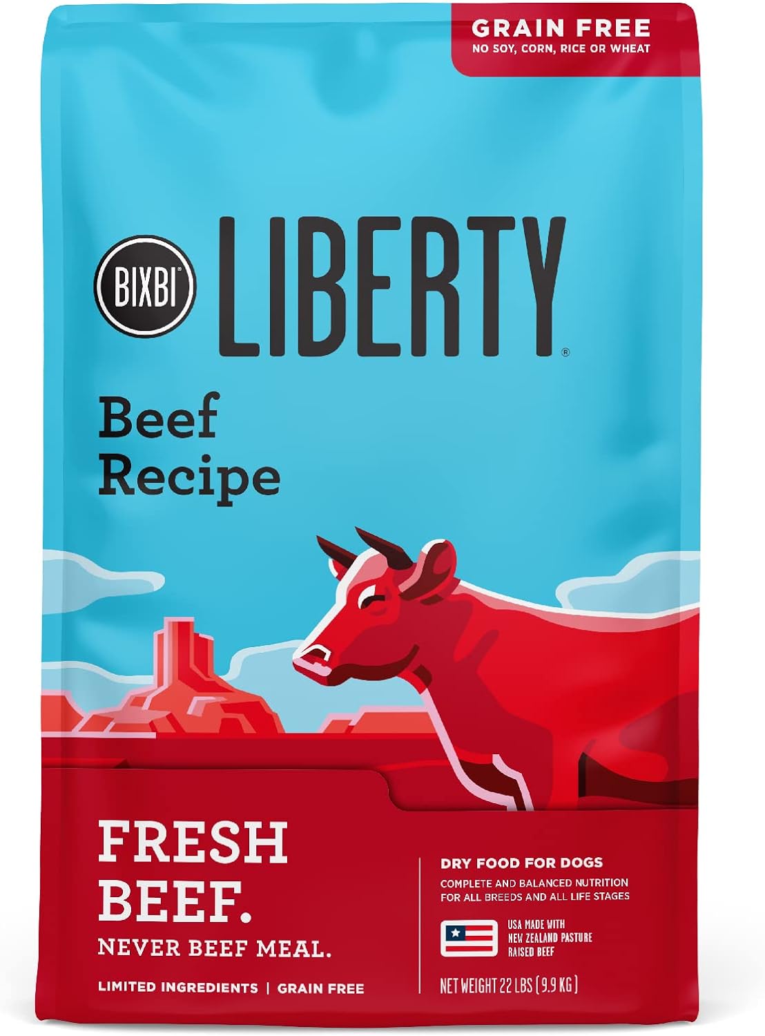 BIXBI Liberty Grain Free Dry Dog Food, Beef, 22 lbs - Fresh Meat, No Meat Meal, No Fillers - Gently Steamed & Cooked - No Soy, Corn, Rice or Wheat for Easy Digestion - USA Made