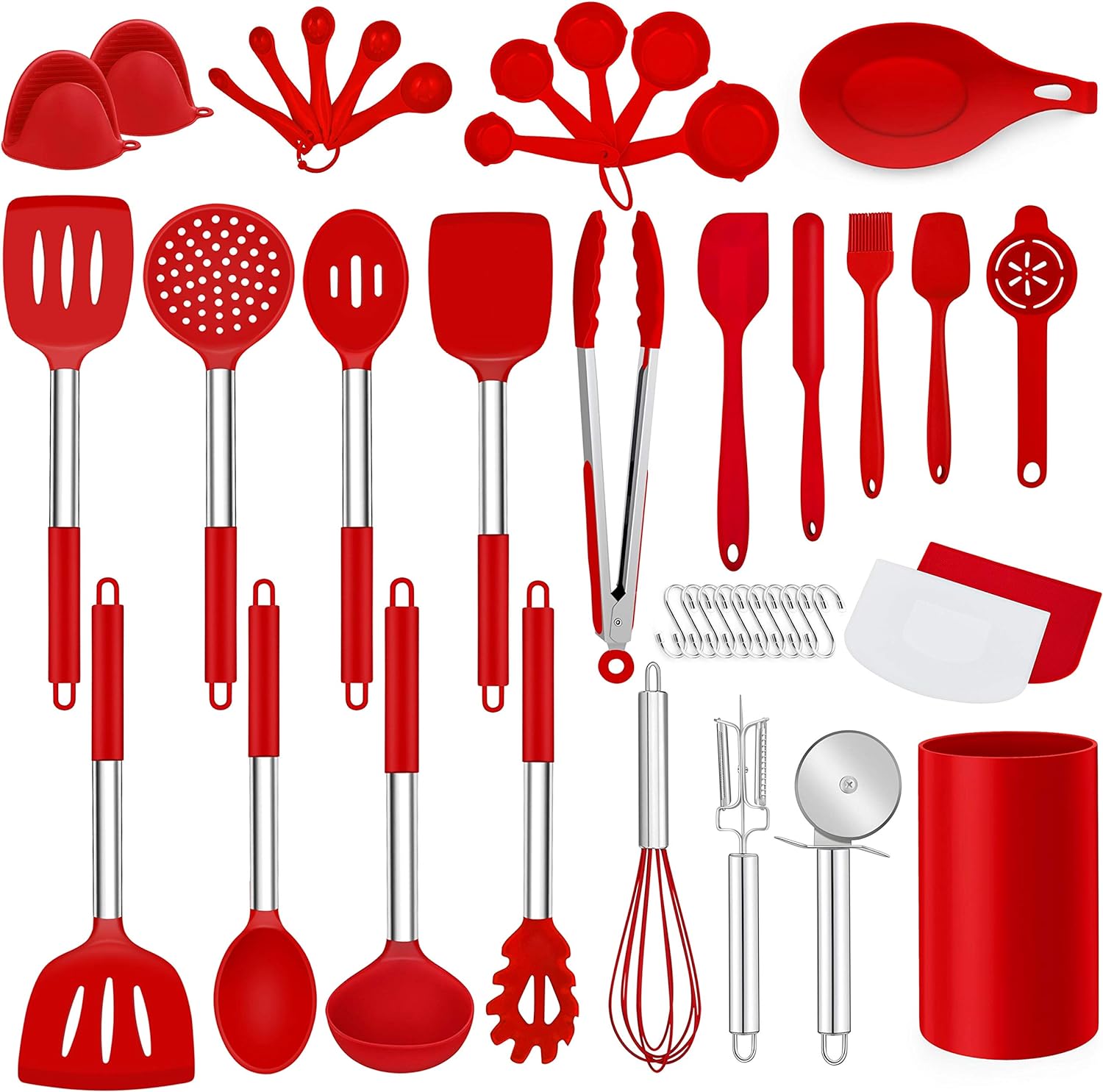 LIANYU 43 Pcs Kitchen Cooking Utensils Set, Silicone Cooking Utensils Spatula Set with Holder, Heat Resistant Kitchen Gadgets Tools for Nonstick Cookware Set, Stainless Steel Handle, Red