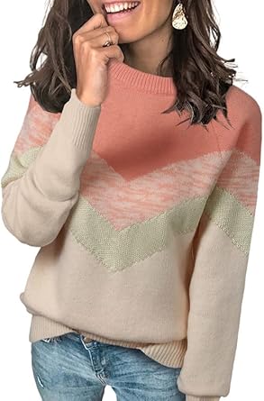 Dokotoo Womens Color Block Sweaters Long Sleeve Crewneck Pullover Knit Jumper Tops