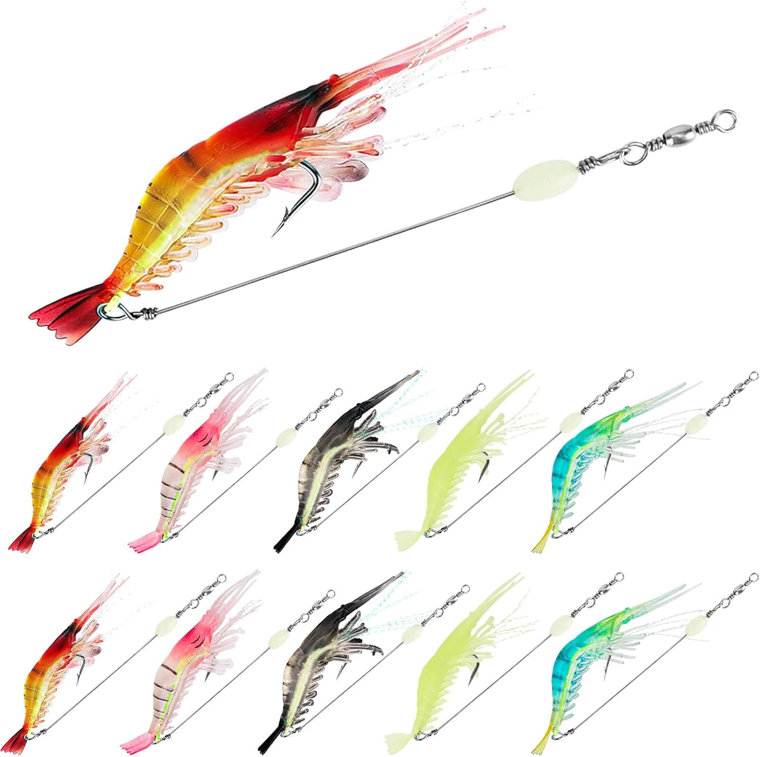 10PCS Saltwater Fishing Lures Shrimp Baits Set, Premium Soft Shrimp Fishing Tackle with Luminous Sharp Hooks, for Freshwater and Saltwater - Syosisny