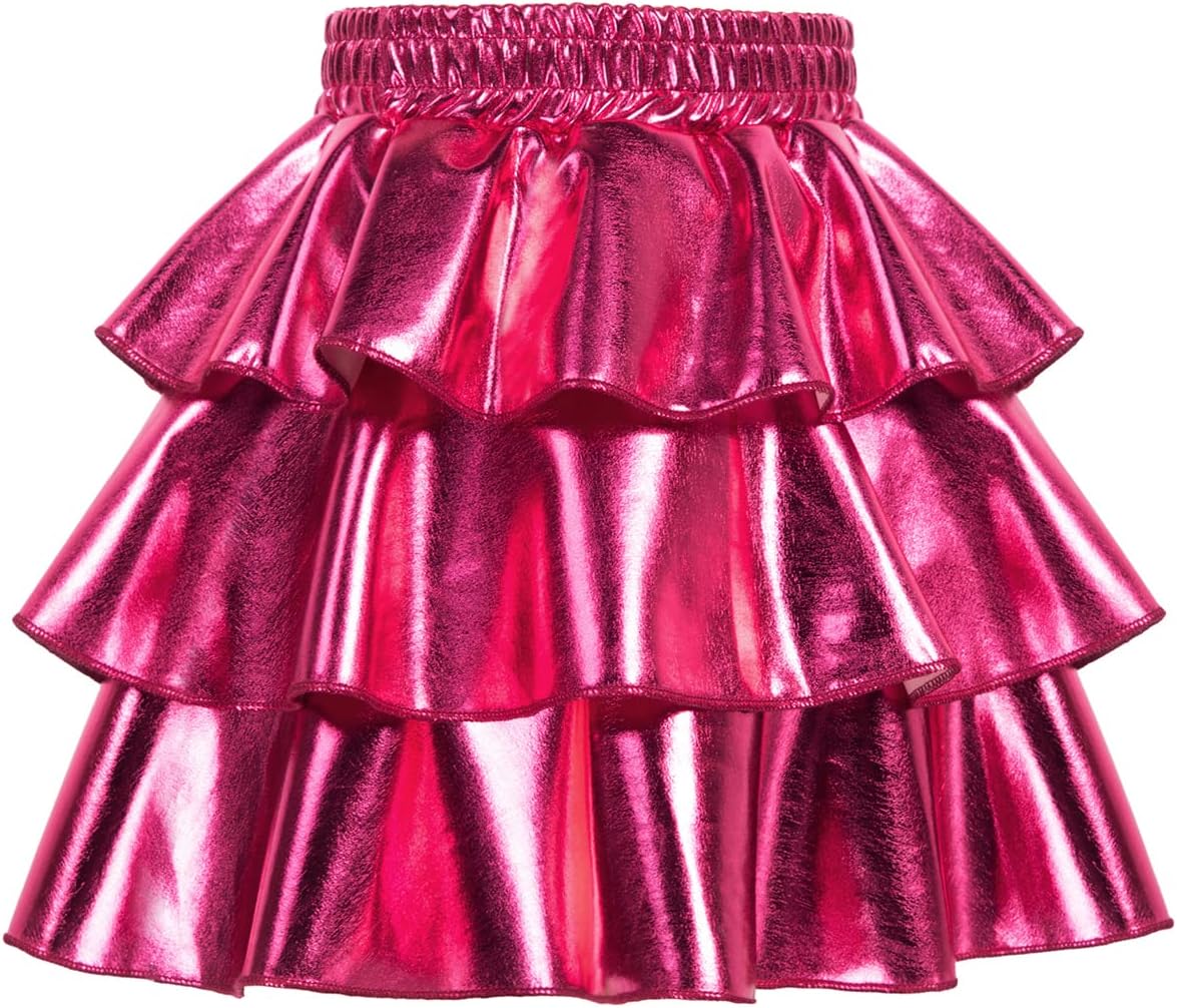 GRACE KARIN Girls Metallic Skirt 3-Layer Ruffle Skirt for Girls 5-14Y