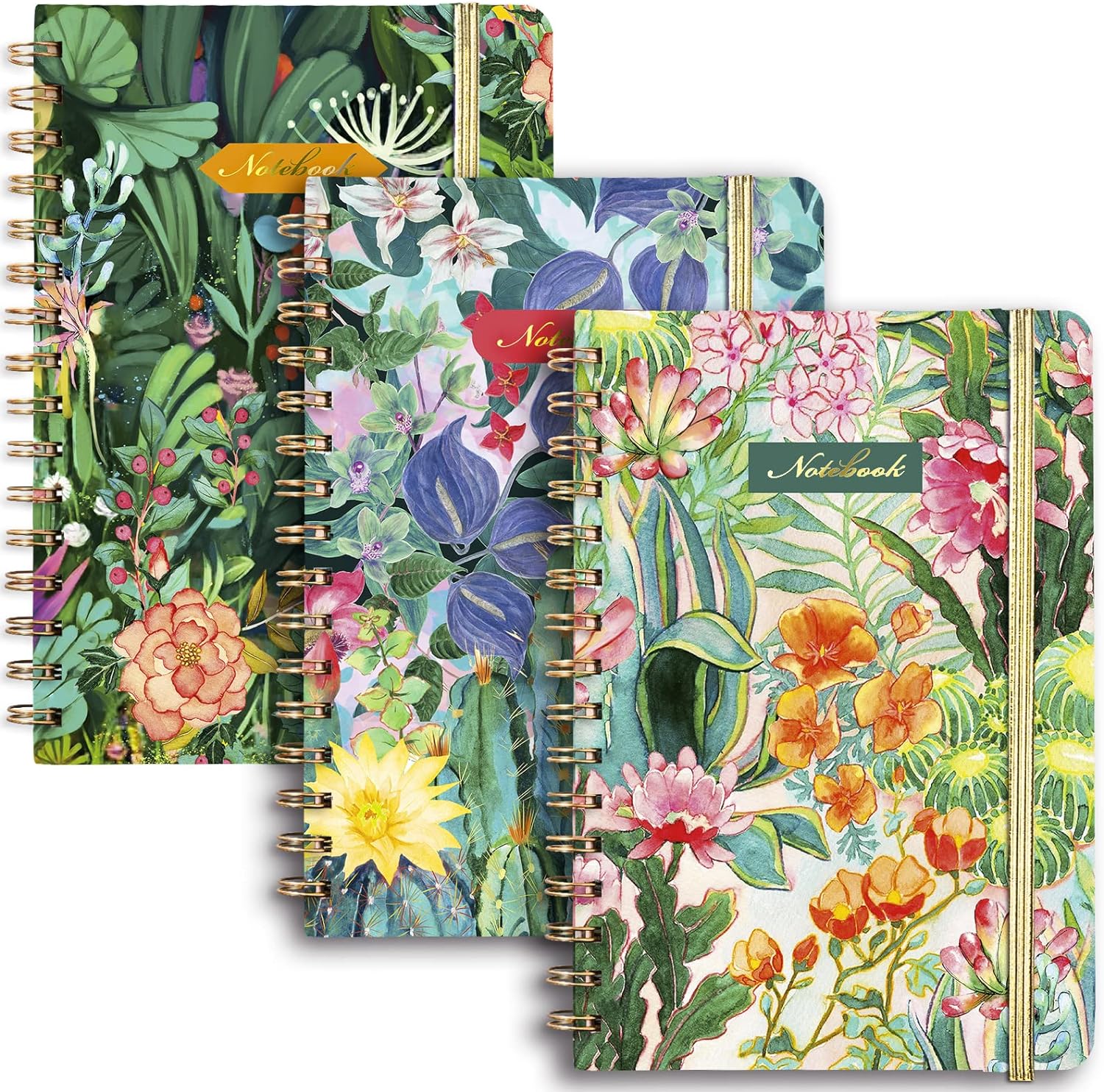 EOOUT 3 Pack Spiral Notebook Journals for Women College Ruled Notebook, 6x 8.5, 3 Floral Designs, 160 Pages, Back Pocket, for Students Gifts, Office, School Supplies