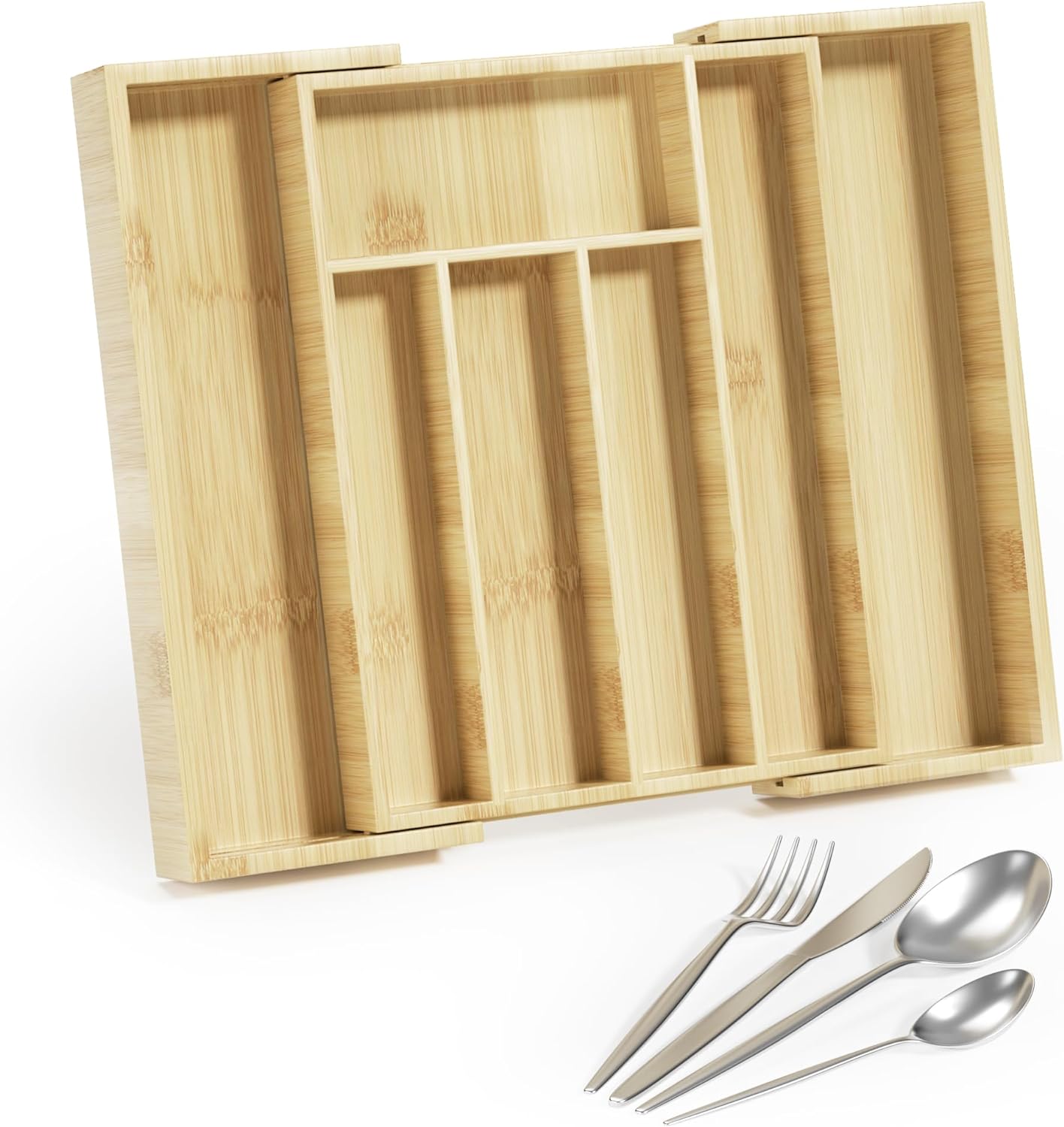 Expandable Bamboo Drawer Organizer: Adjustable Silverware Organizer Length 9.5In-15.3In - Bamboo Cutlery Tray Equipped with Knife and Fork Set for Kitchen Utensils and Flatware (7 Slots).