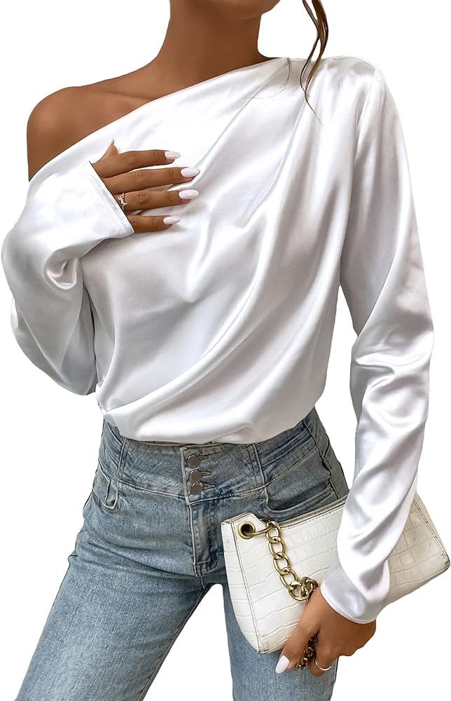 SOLY HUX Women's Satin Silk Off The Shoulder Long Sleeve Elegant Blouse Tops
