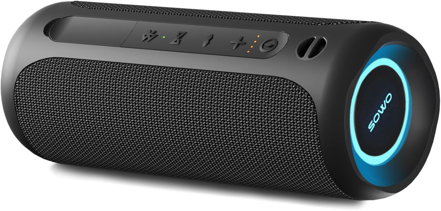 Portable Speaker, Wireless Bluetooth Speaker, IPX7 Waterproof, 25W Loud Stereo Sound, Bassboom Technology, TWS Pairing, Built-in Mic, 16H Playtime with Lights for Home Outdoor - Black