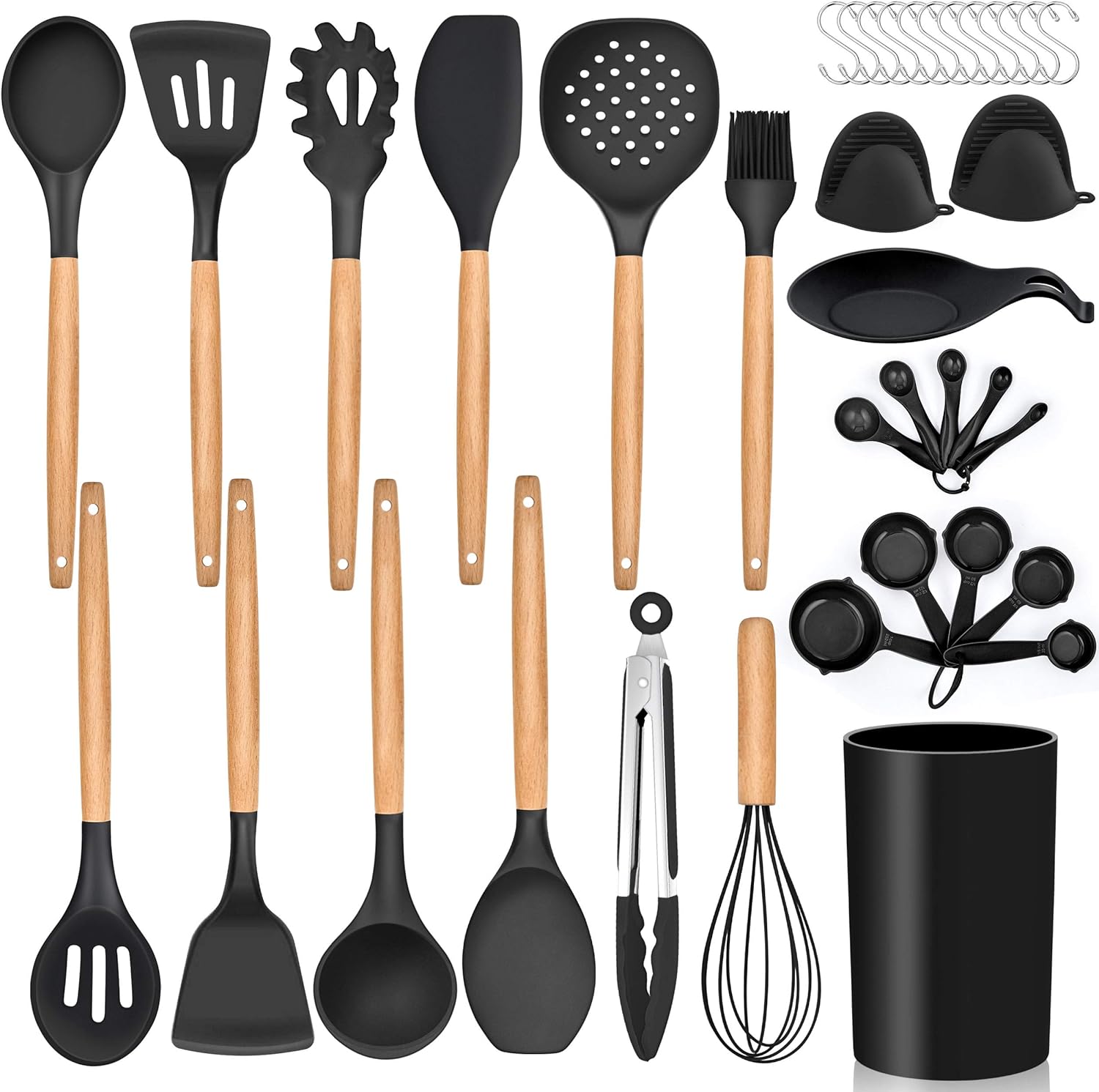 LIANYU 38 Pcs Kitchen Cooking Utensils Set with Holder, Heat Resistant Silicone Kitchen Utensil Spatula Set, Kitchen Gadgets Tools Set for nonstick Cookware Set, Wooden Handle, Black