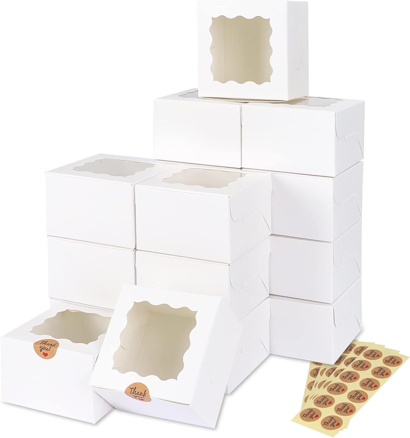 Moretoes 50pcs 4x4x2.5 Inches White Bakery Boxes with Window, Cookie Boxes, Small Treat Boxes, Mini Cake Boxes for Dessert, Strawberries, Pastry