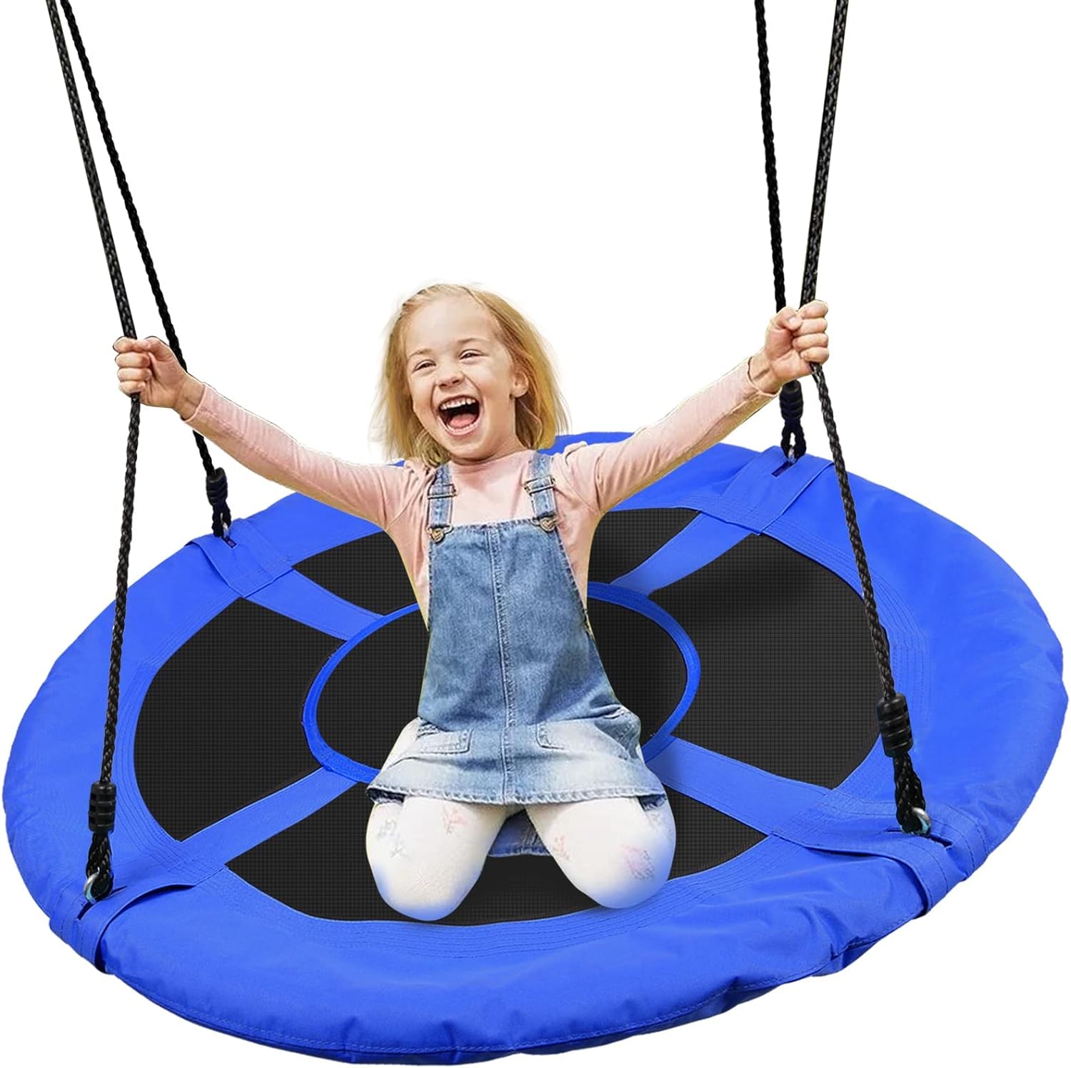 Odoland 40 inch Kids Saucer Tree Swing, Large Outdoor Chidren Round Rope Swing Installed on Tree and Backyard, 900D Waterproof Oxford Flying Saucer Platform Swing Great for 3 Kids or 1 Adult Blue