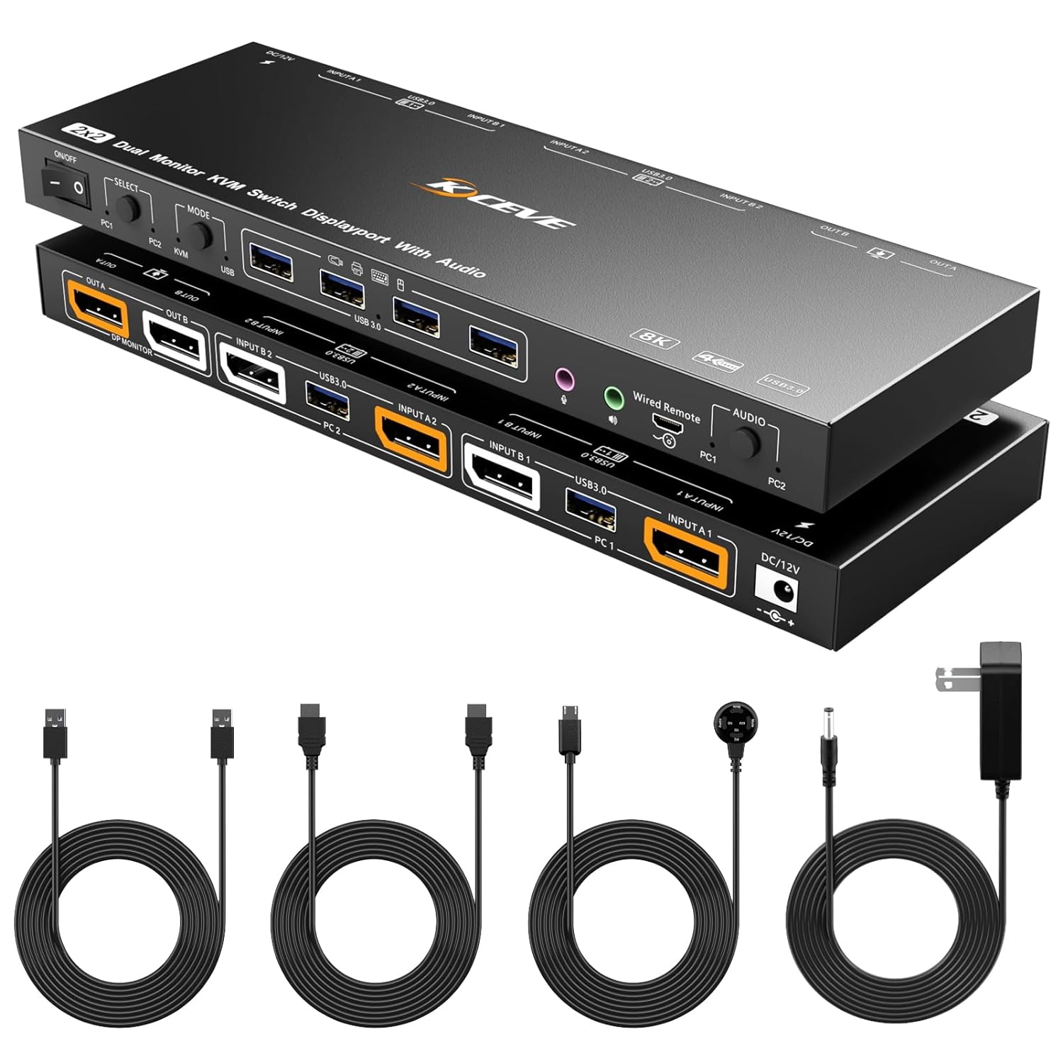 DP KVM Switch Dual Monitors with Voice Control, 2 Computers 2 Monitors USB 3.0 KVM Displayport Switcher Supports 4K@60Hz for 2 Computers Share Keyboard, Mouse and Monitor