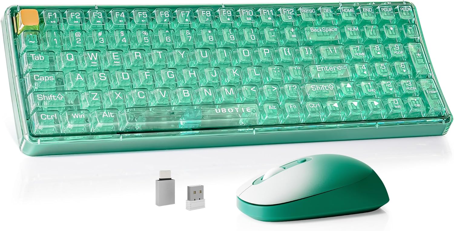 Wireless Transparent Keyboard and Mouse Combo, UBOTIE Green 100keys 2.4GHz USB Receiver Keyboard Mouse Set with Adjustable DPI Optical Mouse for PC Laptop