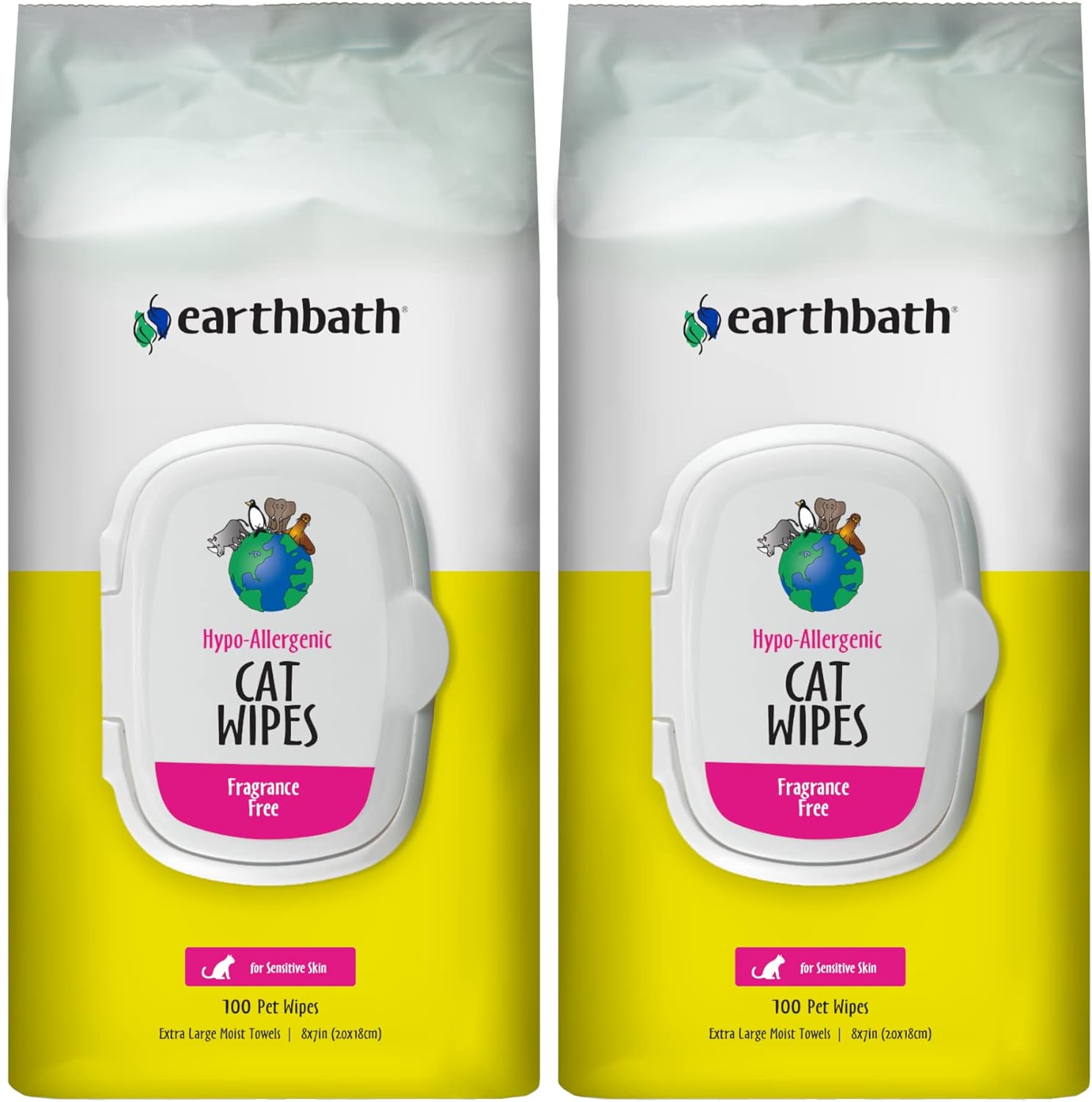 earthbath, Hypo-Allergenic Cat Wipes - Fragrance Free Cat Wipes for Paws and Butt, Best Pet Wipes for Cats with Sensitive Skin, Made in USA, Cruelty-Free Cat Cleaning Wipes - 100 Count (2 Pack)