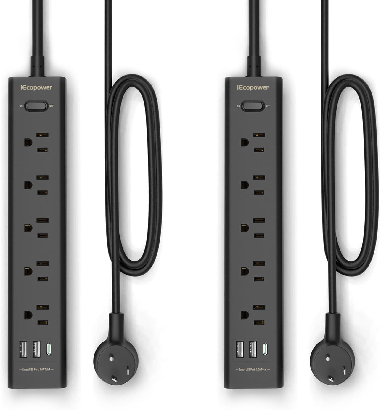 Surge Protector Power Strip 15 ft Cord-5 Widely Spaced Outlets 3 USB Ports(1 USB C Port),Power Strip Long Cord(1250W/10A),Power Strips with Surge Protection, Wall Mount for Home Office,Black(2 Pack)