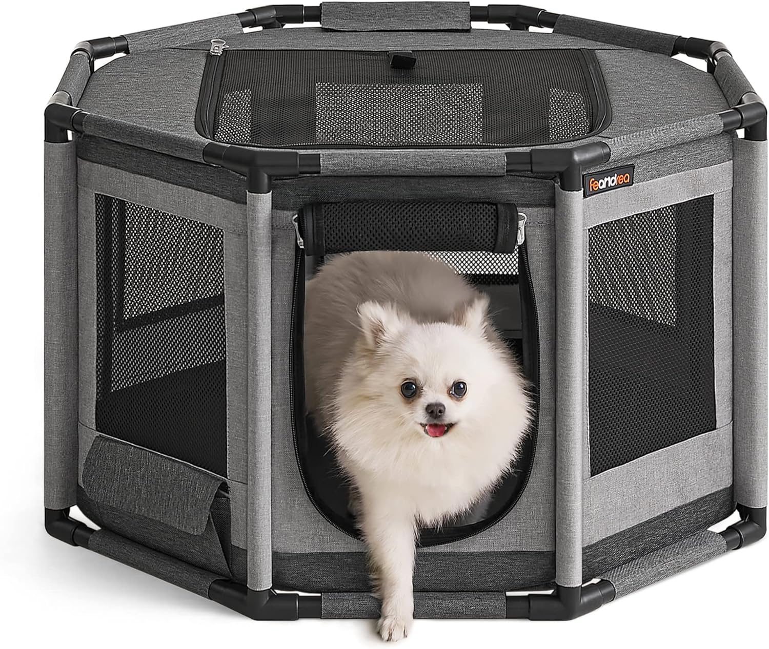 Feandrea Dog Playpen, Oxford Fabric Dog Fence, Octagon Dog Crate, M, 28.3 x 28.3 x 16.9 Inches, PVC Pipe Frame, Breathable Mesh, Double Openings, Dove Gray and Slate Gray UPDC002G01