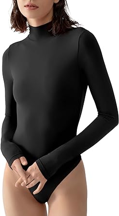 PUMIEY Long Sleeve Bodysuit For Women Mock Turtle Neck Sexy Tops Body Suits Women Clothing Jet Black Medium