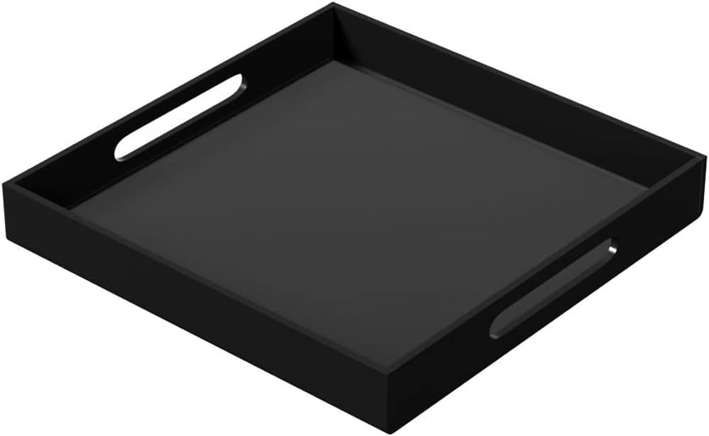 NIUBEE Acrylic Serving Tray 12x12 Inches -Spill Proof- Decorative Tray Organiser for Ottoman Coffee Table Countertop with Handles - Black