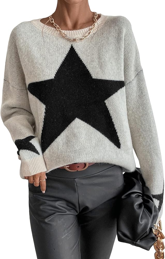 SOLY HUX Women's Star Print Long Sleeve Crewneck Sweater Drop Shoulder Pullover Tops