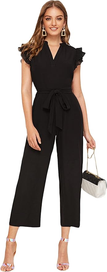 WDIRARA Women' Layered Ruffle Cap Sleeve Notched V Neck Belted Jumpsuit Pants