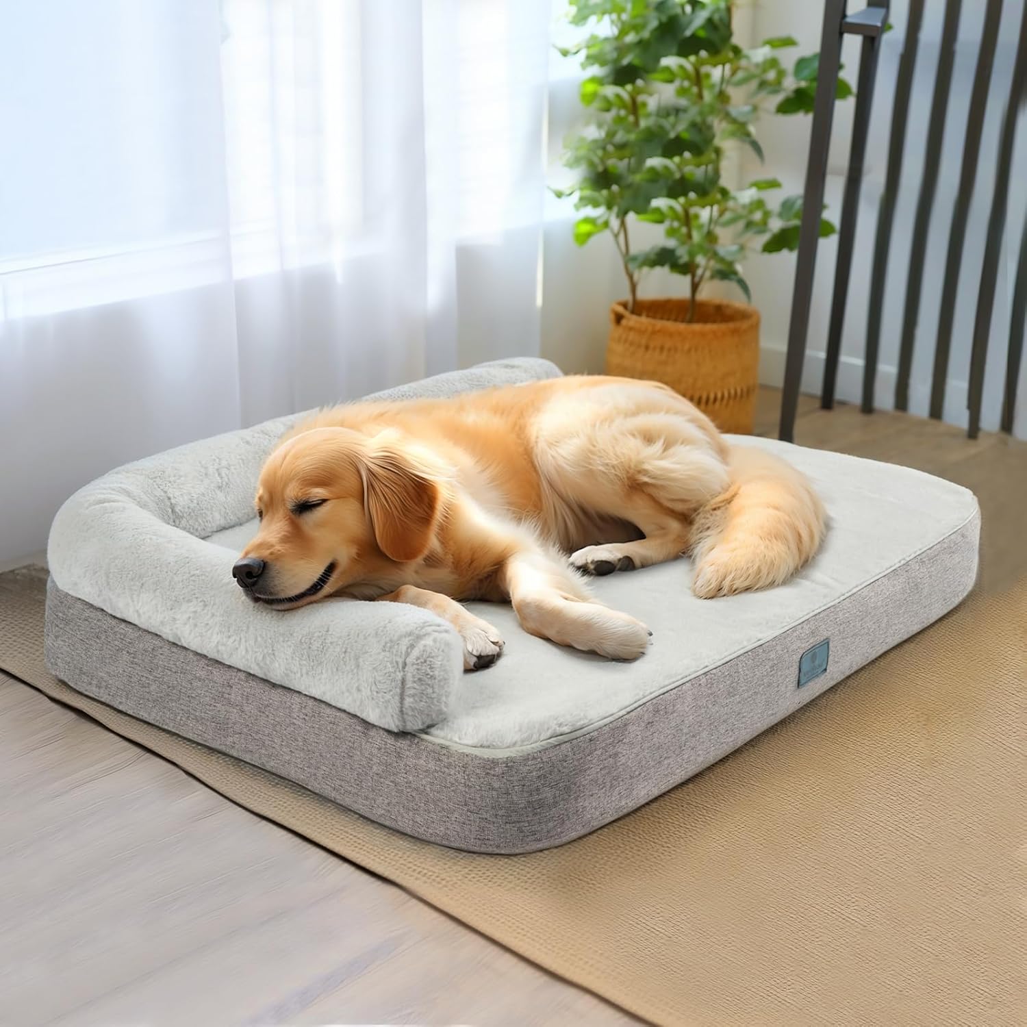 Veehoo Orthopedic Dog Bed with Bolster for Extra Large Dogs, Dog Bed with Non-Slip Bottom & Removable Washable Cover, Waterproof Lining Egg Crate Foam Pet Bed Mat for Dogs Up to 95 lbs, XL, Light Grey