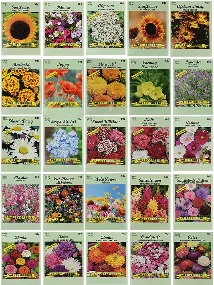 25 Slightly Assorted Flower Seed Packets - Includes 10  Varieties - May Include: Forget Me Nots, Pinks, Marigolds, Zinnia, Wildflower, Poppy, Snapdragon and More - Made in the USA