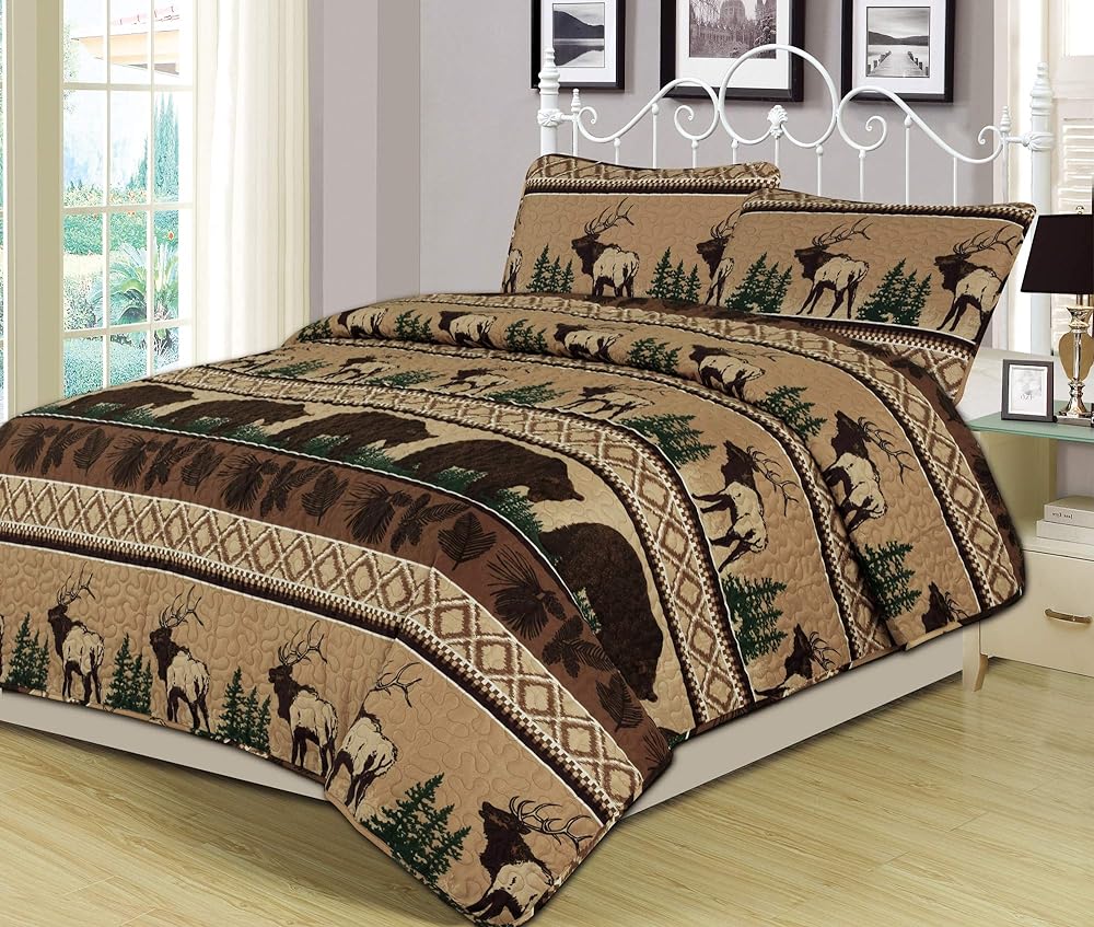 Bear Mountain 3-Piece Quilt Set Featuring Bear Elk Log Cabin Lodge Rustic, Queen, Brown