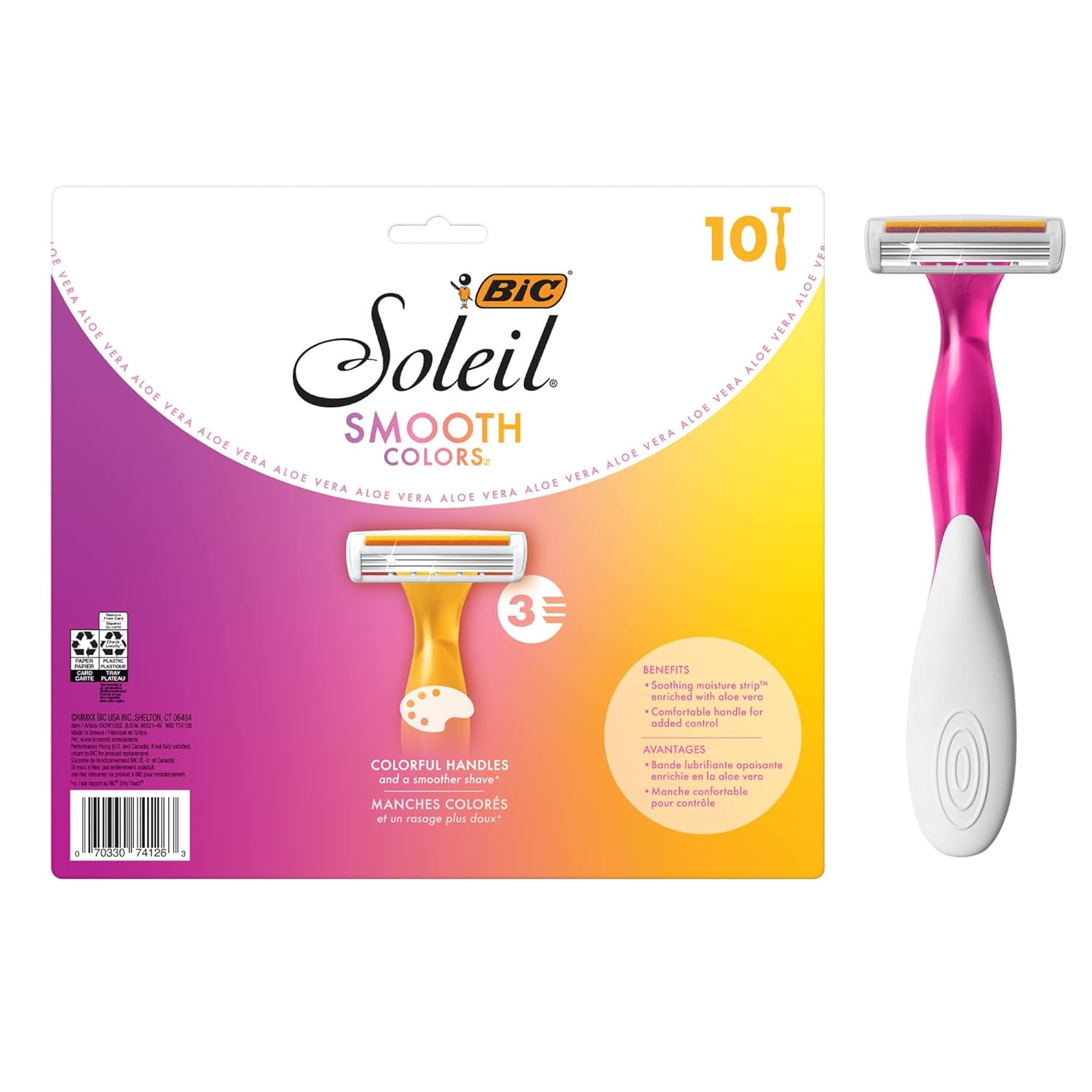 BIC Soleil Smooth Colors Women' Disposable Razors With Aloe Vera and Vitamin E Lubricating Strip for Enhanced Glide, With 3 Blades, 10 Count